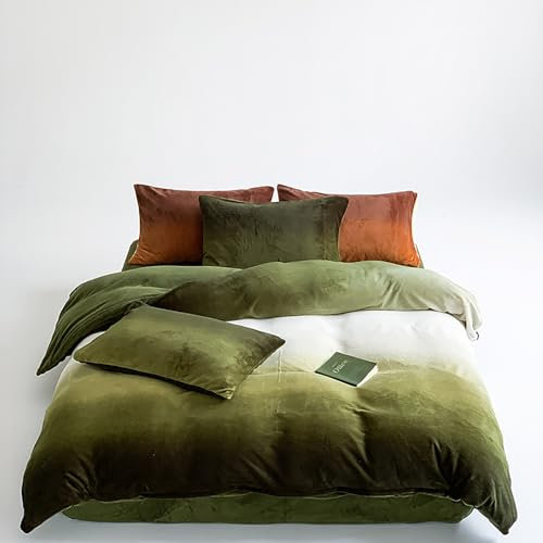 Cottonight Dunkelgrünes Samt-Bettwäsche-Set für Queen-Size-Betten, flauschig, Flanell, für Damen und Herren, dicke warme Winterdecke, Steppdecken, Sherpa-Micromink, Armeegrün, modern, schick, Plüsch,
