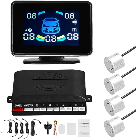 Auto-Parksensor, Auto Rückfahrwarner Einparkhilfe,mit 4Sensoren, LED Anzeigen, unterstützt akustische Warnung/Summer/Stummschaltung Abstandserkennung, Universal Parken Sensor System, Einparkhilfe-Set