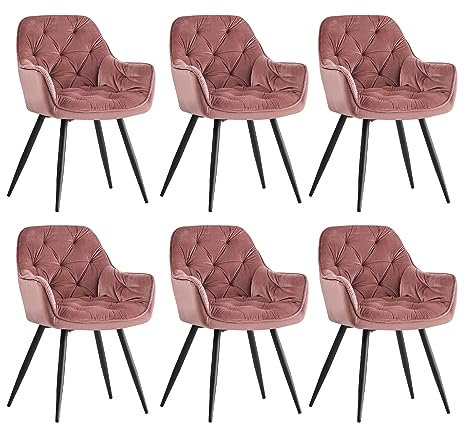 AINPECCA Dining chairs with Velvet Thick Padded Upholstered Kitchen Tub Chair Armchair with Backrest Metal Legs Living room Reception Leisure Chairs for Bedroom Lounge Office(Rose,6)