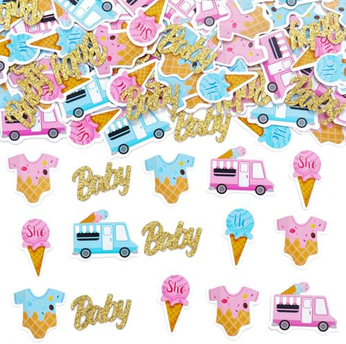JOYMEMO 200 Stück What's The Scoop Konfetti Rosa und Blau – Eiscreme-Thema Junge oder Mädchen Geschlecht Offenbarung Dekorationen, doppelseitiges Druckpapier Konfetti Streutischdekoration für
