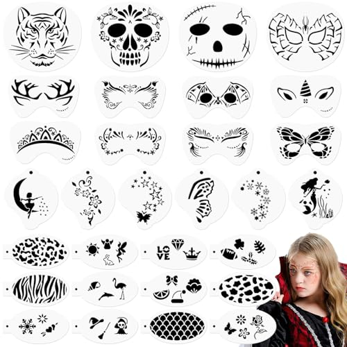 OOTSR 30 Plantilla de Pinturas Cara para Niño Adulto, Plantilla de Pintura Facial Halloween Reutilizable para Fiestas de Maquillaje Carnaval