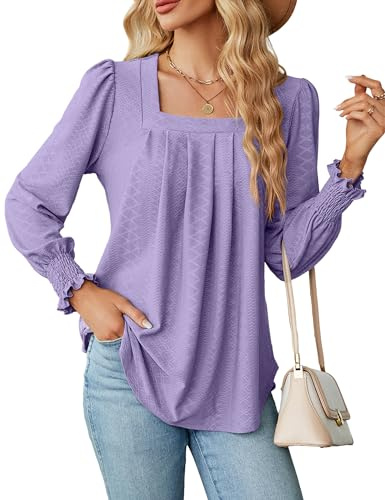 Maglietta da Donna con Collo Quadrato Camicia Manica Lunga Elegante Bluse Basic Tee Shirt Top di Moda Maglietta Casual Tinta Unita Autunno Primavera Tunica(S-XXL)