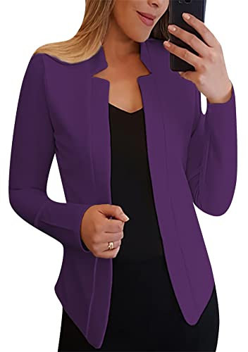 YMING Donna Blazer Leggero da Lavoro Colore Solido Business Open Front Blazer Manica Lunga Slim Blazer Viola XS