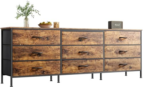 Huuger Comò da 160 cm per camera da letto, comò per armadio con 9 cassetti, grande supporto TV per TV da 55, 65, 70 pollici, centro intrattenimento con contenitore, ampia cassettiera lunga, marrone