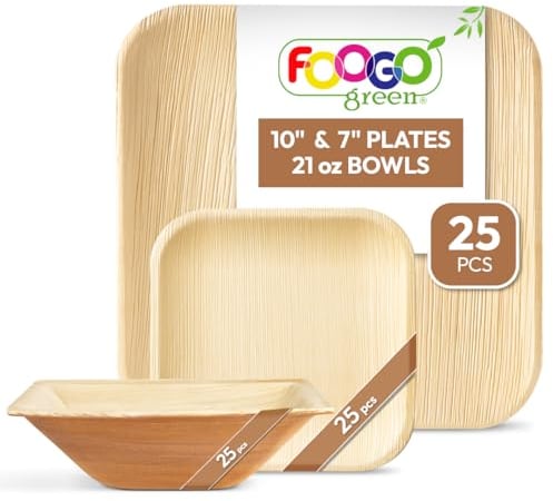 FOOGO Green 75pcs Disposable Palm Leaf Plates and Bowls, 25x Large Square, 25x Small Plates, 25x Bowls, Disposable Bamboo, Biodegradable, Strong Paper Party, Picnic and Camping