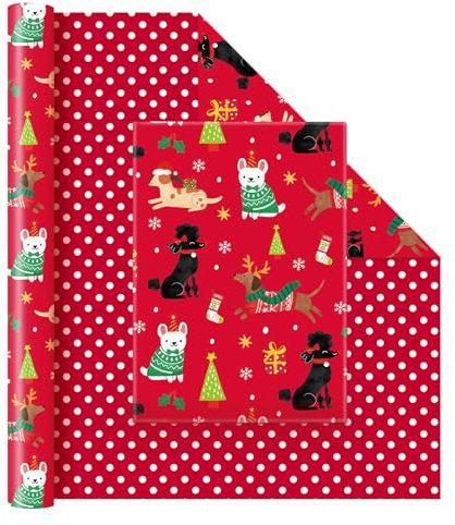 WERNNSAI Weihnachtsgeschenkpapier mit Welpenmotiv – 1 Rolle 43 cm x 10 m dekoratives Geschenkpapier für Neujahr Weihnachtsfeier Geburtstag mit Hunde Cartoon Bild Hündchen Weihnachtsverpackungspapier