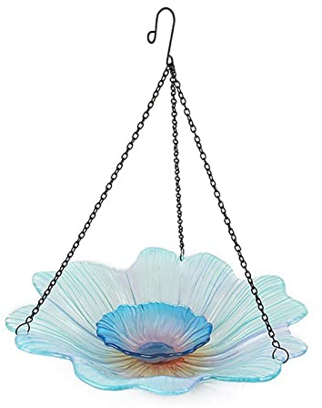 Vogelfutterstation und Vogelbad aus Glas mit Sonnenblumenmotiv, doppellagige Gartendekoration für den Außenbereich in Hellblau