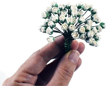 KADADSA 50 pcs White Tiny Artificial Roses Mixed Assorted Shade Mulberry Paper Flower Flower Wedding Scrapbooking (White 0.25-in/0.5-cm.)