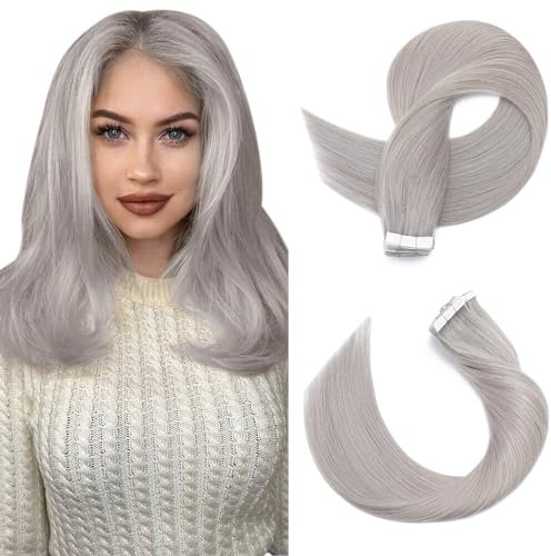 SEGOHAIR Invisible Tape Extensions Echthaar, 40.6cm Tape Klebe Unsichtbare Tape Extensions Echthaar 10 Stück Echthaar Extensions Tape Glatte Natürliche Haarverlängerungen –GRAU