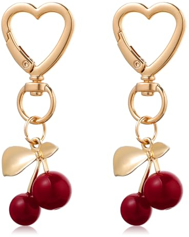 Yuanchu Lot de 2 porte-clés en forme de cerise, esthétique, breloque en forme de cœur, sac à main, sac à dos, cerise, accessoire de décoration pour femmes et filles, Doré, rouge, taille unique