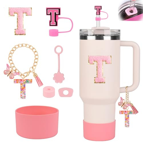 Stanley Cup Accessories Set for Stanley Cup 30oz 40oz, Stanley Tumbler Accessories Including Silicone Straw Cover Cap and Boot, Spill Proof Stopper, Cute Letter Keychain Handle Charm, Sticker (T)
