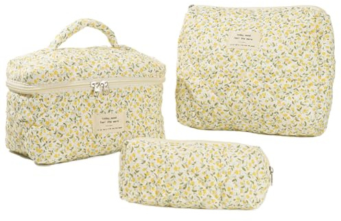 Lot de 3 Trousse de Toilette Matelassée Femme en Coton Doux, Trousse de Maquillage Fleurie, Trousse à Cosmétiques Matelassée à Fermeture Éclair, Trousse de Toilette Voyage de Grande Capacité (G)