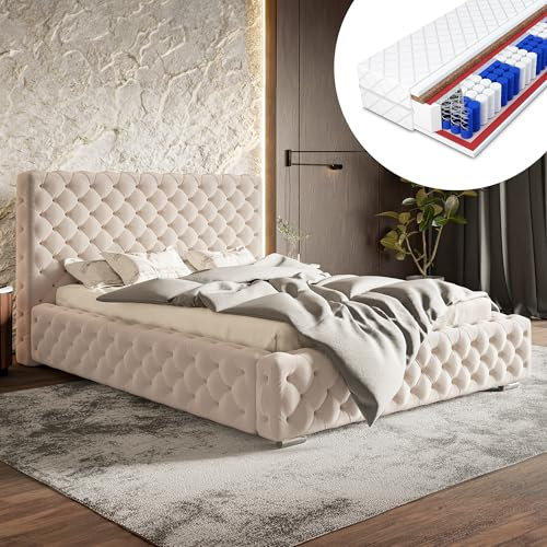 MOTIVENA Dianna Chesterfield Bett 140x200, Polsterbett 140x200, mit Bettkasten, mit Stauraum, mit Lattenrost, mit Kopfteil, Martatze H3/H4, Bett Samt, Beige Creme