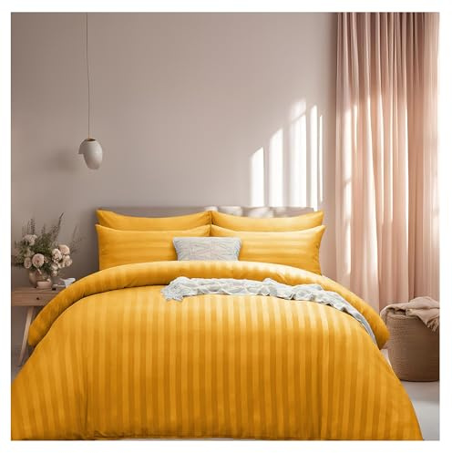 J.Din Super King Size Satin Stripe Reversible Duvet Cover Sets, Ochre | Soft Brushed Microfiber Bedding 3 Piece Duvet Bed Set Hotel Quality Quilt Cover with 2 Pillowcases