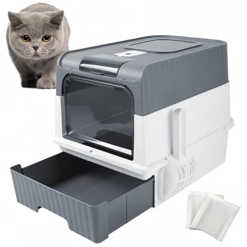Cat Litter Box with Lid, Covered Litter Box with Top Entry, Slide-Out Tray, Scoop, for Large Cat, Max. Load 33 lb, Easy Clean, Anti-Leaking, Anti-Tracking, with 2 Activated Carbon Bags (Grey)