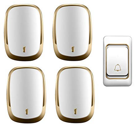 WOTZOV IP44 Waterproof Wireless Doorbell, Home Ultra Long Distance Door Chime Kit,1 Push Button+4 Receivers,36 Ringtones,4 Volume Level,Black,Gold