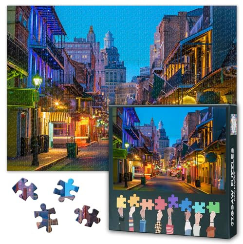 Jigsaw Puzzles for Adults 1000 City Neon Street, Family Puzzle Educational Games Home Decoration French Quarter New Orleans, Challenging Puzzles for Adults Men & Women Gift (27.5x19.7)