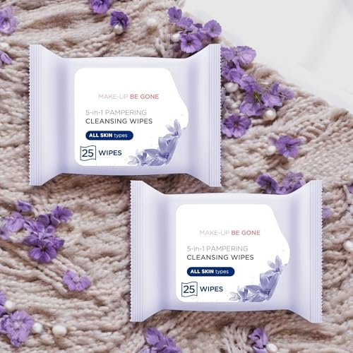 Jĥońsons Make-Up Be Gone 5-in-1 Pampering Cleansing Wipes 25 Wipes x 2 bulk buy (Purple)