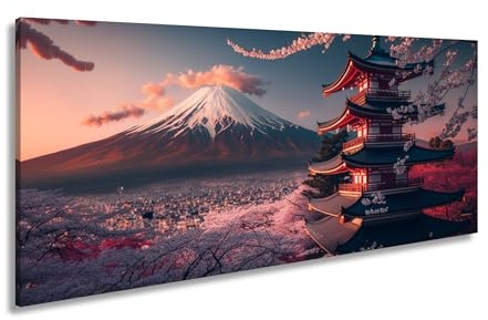 Leinwandbild Kirschblüten träumen am Fuß des majestätischen Fuji. Panorama 120x60cm XXL Kunstdruck Bild auf Keilrahmen/Wandbild/Wohnzimmer Dekoration