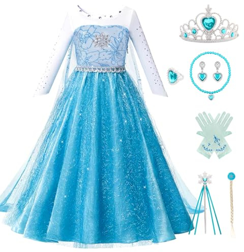 Kitimi ELSA Kleid Prinzessin Kostüm Mädchen- Prinzessin Kleid Kinder mit Krone Zauberstab Halsketten-Eiskönigin Kostüm Dress Lang Elsprinzessin Kostüm für Weihnachten Cosplay Karneval Party Geburtstag