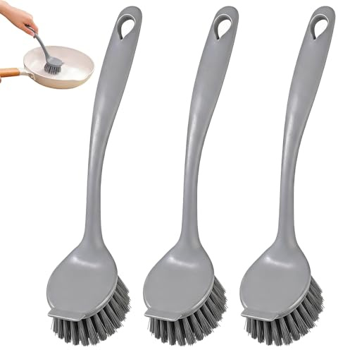 3 Pack Kitchen Dish Brush, Washing Up Brush with Handle and Built-in Scraper, Stiff Bristles Scrub Brush for Cleaning Pots Pans Dishes, Non-Slip Grip Design, Grey