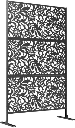 Outsunny Panneau Brise Vue décoratif Extérieur 122 x 45 x 198 cm Noir | Claustra Décoratif Jardin, 3 Panneaux à Motif Floral, Paravent Extérieur, Support en Acier Galvanisé