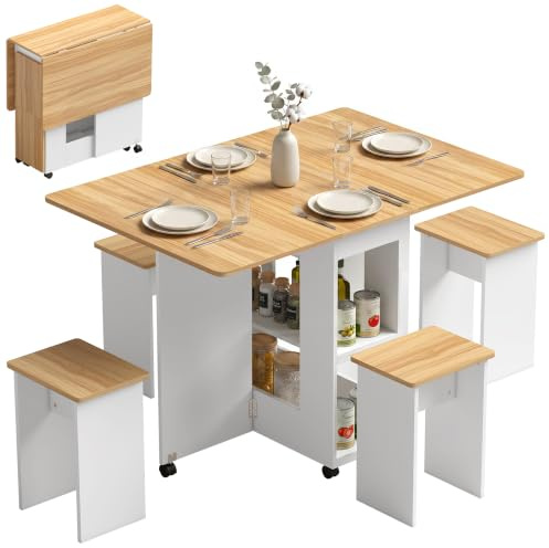 HOMCOM Conjunto Mesa y 4 Sillas de Comedor para 4 Personas Roble | Mesa de Comedor Plegable con Taburetes Ocultos, 2 Alas Abatibles, Ruedas, Estantes, Ahorro de Espacio