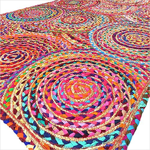 Eyes of India - Plein de Couleurs Tissé Jute Chindi Tressé Zone Décorative Tapis Indien Bohème Accent Décorative Fait à la Main Tissé - Pop Multicolore, 4 X 6 ft. (120 X 180 cm)