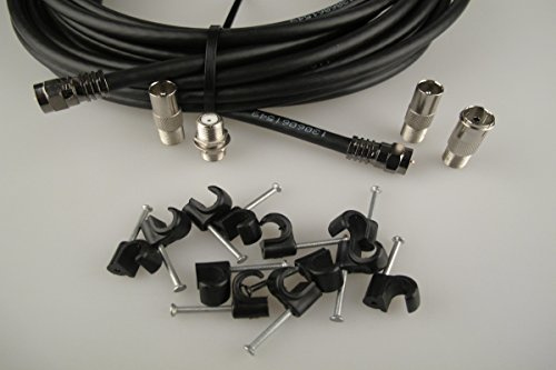 Universal Satellite and Aerial Extension Cable Kit With Cable Clips and Adaptors (15M, Black)