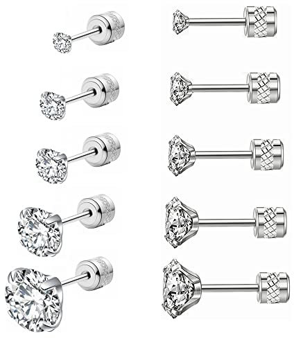 5 Pairs Stud Earrings Set,Hypoallergenic Earrings 316L Stainless Steel Double Round Cubic Zirconia Ear Ringing Jewelry for Women Men Boys & Girls 2-6mm Silver (Silver)