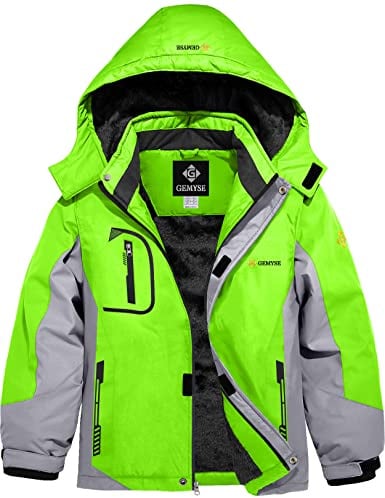 GEMYSE Veste de Ski pour Garçon Enfant Manteau Hiver Chaud Imperméable Coupe-Vent Blouson avec Capuche et Polaire(Vert Fluo Gris Clair,140-146)