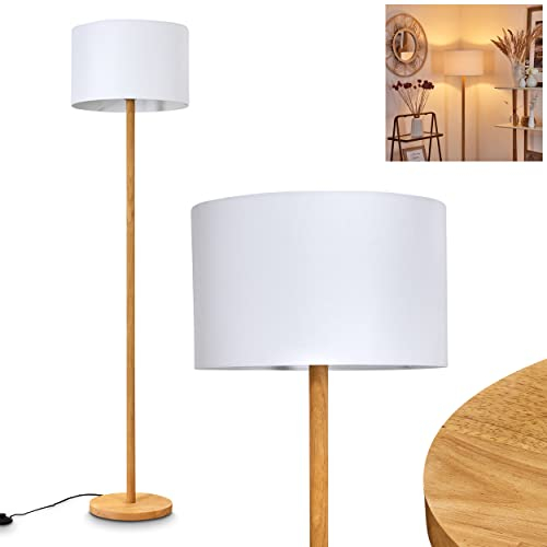 Stehleuchte Akrema, moderne Bodenlampe aus Holz/Stoff in Natur/Schwarz/Weiß, Standlampe mit Fußschalter am Kabel und rundem Stoffschirm, Ø 40 cm, Höhe 160 cm, 1-flammig, 1 x E27, ohne Leuchtmittel