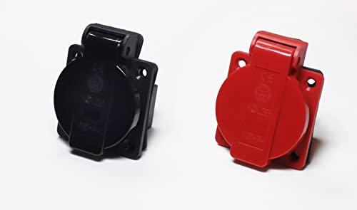 HOLZER 8 Stück/Einbausteckdose Schuko Anbau Steckdose 16A Feuchtraum / PA6 / + Flansch Dichtung (4xSchwarz / 4xRot)