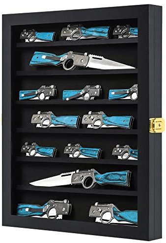 Grintus Pocket Knife Display Case - Collection Display Box for Wall - Folding Knife Cabinet with UV Protection Acrylic Lockable - Black