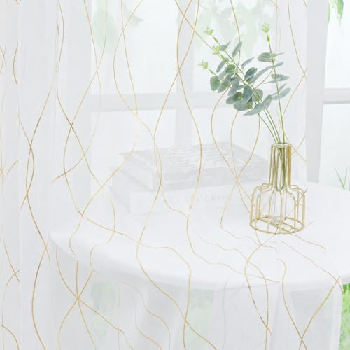 Yujiao Mao Voile Transparente Gardine mit golden glänzenden Streifen Wohnzimmer Schlafzimmer Mordern Vorhang mit Kräuselband Gardinenschals Weiß BxH 140x145cm 1er Pack