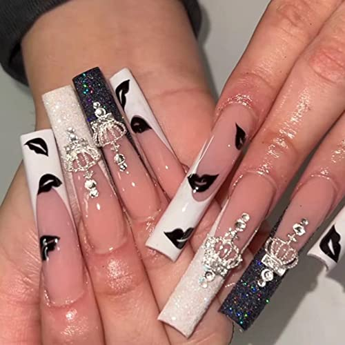 RUNRAYAY French Press On Falsche Nägel mit Lippendruck, extra langer künstlicher Nagel mit Kronen-Strasssteinen, schwarz-weiße Sarg-Acryl-Nägelspitzen für Frauen und Mädchen, 24 Stück