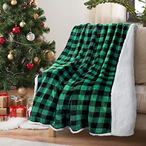 Catalonia Classy Karierte Sherpa-Decke, Überwurf, Flauschige Büffeldecke, weihnachtliche, Karierte, warme Plüsch-Mikrofaser-Winter-Wendedecke für Couch, Schlafsofa, 150 x 130 cm, Grünes Plaid