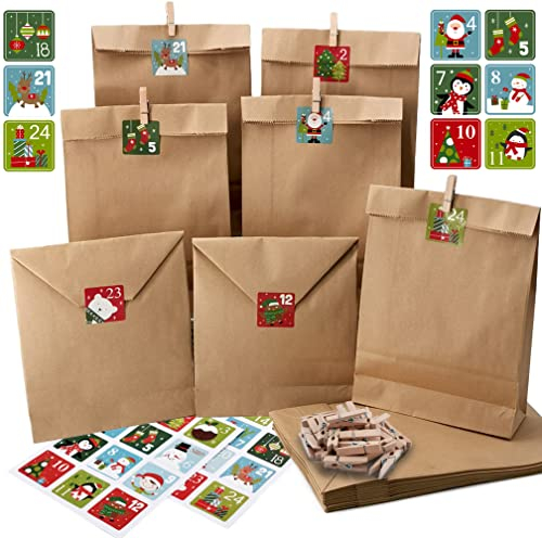 Adventskalender-Set zum selber Befüllen - 24 Papiertüten mit Zahlensticker 1-24 und Klammer - Kalender selber basteln mit Zahlensticker - Ideen für Kinder, Frauen und Männer zu Weihnachten