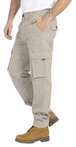 BlauerHafen Herren Cargo Hose, Gerade geschnittene Stretch Schwerlast mit 12 Taschen Freizeithose, Combat Arbeitshose, Relaxed Fit Cargo-Hose Größen 32W–44W (Stone, 32W / 34L)