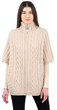 SAOL Irische Strickjacke für Damen aus 100% Merino Wolle Irland Poncho mit Fronttaschen