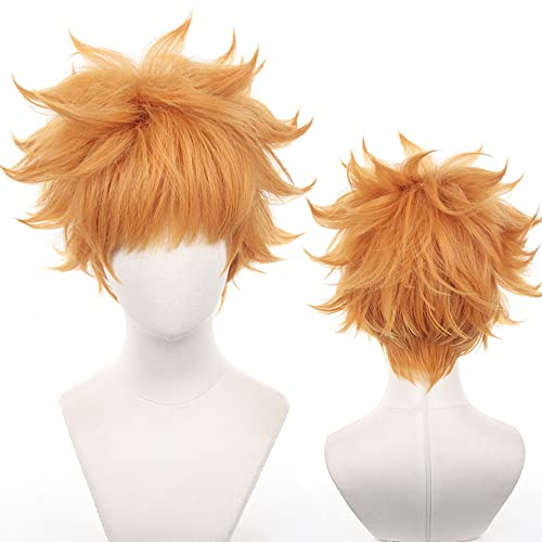 Anime Orange Gelb Kurze Perücke mit hitzebeständigen synthetischen Kostüm Haare für Männer Frauen Halloween Cos Anime Party Ersatz Perücken