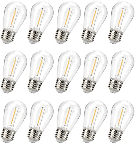 Leadleds S14 LED Bulb Outdoor LED Filament Bulb 1W Equivalent to 10W Shatterproof & Waterproof Warm White 2700K String Light, E27 Base Edison Vintage Light Bulbs(15 Pack)
