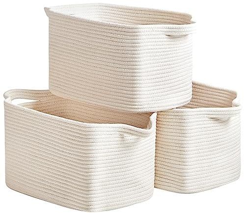 R RUNKA 3 Packs Cotton Rope Woven Basket With Handles for Shelves -15*10.2*9.1(White)