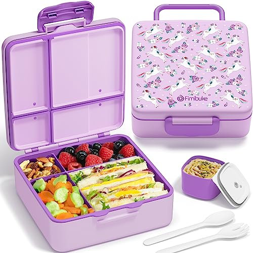 Fimibuke Lonchera Bento para niños, a prueba de fugas, con 4 compartimentos, sin BPA, apta para lavavajillas, contenedor de almuerzo con utensilios, porciones ideales para niños de 3 a 12 años para