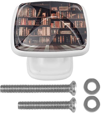 suojapuku Schrankknöpfe,Kommodenknöpfe,Schubladengriff,Alte Bücher im Bücherregal in der Bibliothek,4er-Pack,quadratische weiße Küchenschränke