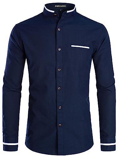 PARKLEES Mens Hipster Design Grandad Collar Oxford Shirt Slim Fit Long Sleeve Casual Button Down Dress Shirts with Pocket EU-PZ113 Navy XXX-Large