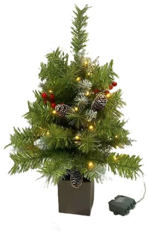 Pre-lit Christmas Tree Artificial Xmas Tree with warm white Light & Retro Base X-mas Traditional Decoration for Home Doorway and Pathway - 8 Light Settings Prelit X-mas Tree Indoor (60cm (2 Feet))