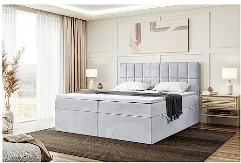 MEBLINI Boxspringbett mit Bettkasten - 160x220 - H3/Hellgrau Samt - Lukas - Gepolstert Doppelbett mit Matratze und Topper - Polsterbett mit Stauraum - Bett mit Kopfteil - Stauraumbett