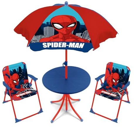 ARDITEX SM15950 Set de Mesa (50x50x48cm), 2 Sillas (38x32x53cm) y Sombrilla (diámetro 110cm) de Marvel-Spiderman