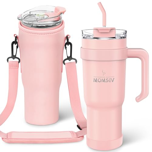 MOMSIV 40oz Thermobecher mit Stroh und Griff, 1100ml Kaffeebecher, Doppelwandiger Edelstahl Vakuum Auslaufsicher Isolierbecher für Kalte Heiße Getränke, Rosa mit Getränkehalter